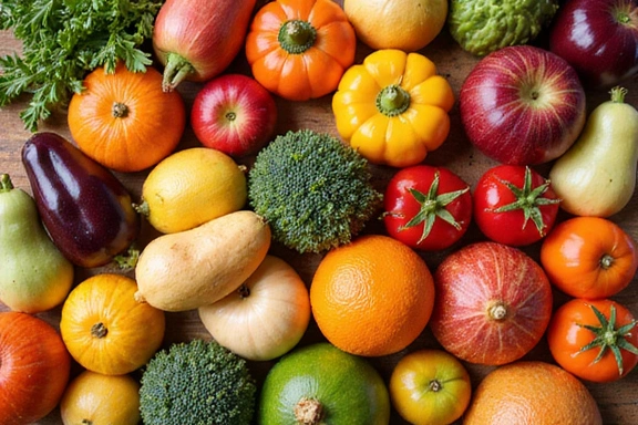 Varietà di frutta e verdura fresca e colorata