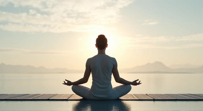 Persona serena che medita in un ambiente calmo, astratto